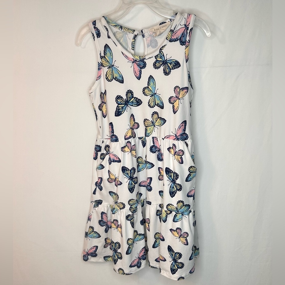Emma & Elsa Girls Butterfly Dress Front Pocket Short Sleeve Yellow Cream Size 6X